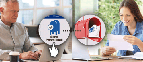 Businessman using the add-in to send physical postal mail to a recipient